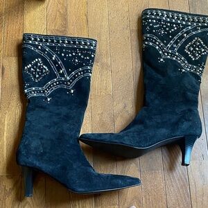 Studded Black Suede Mid-Calf Heeled Boots 10